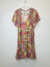 NWT Anthropologie Robin tiered mini dress patchwork print pink multi medium boho