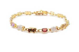 Authentic Gold Plated Sterling Silver 925 Multi Gemstone Elephant Bracelet 7.75"