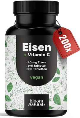 Eisentabletten 200 Stück - 40mg Eisen + 40mg Vitamin C - Vegan Glutenfrei