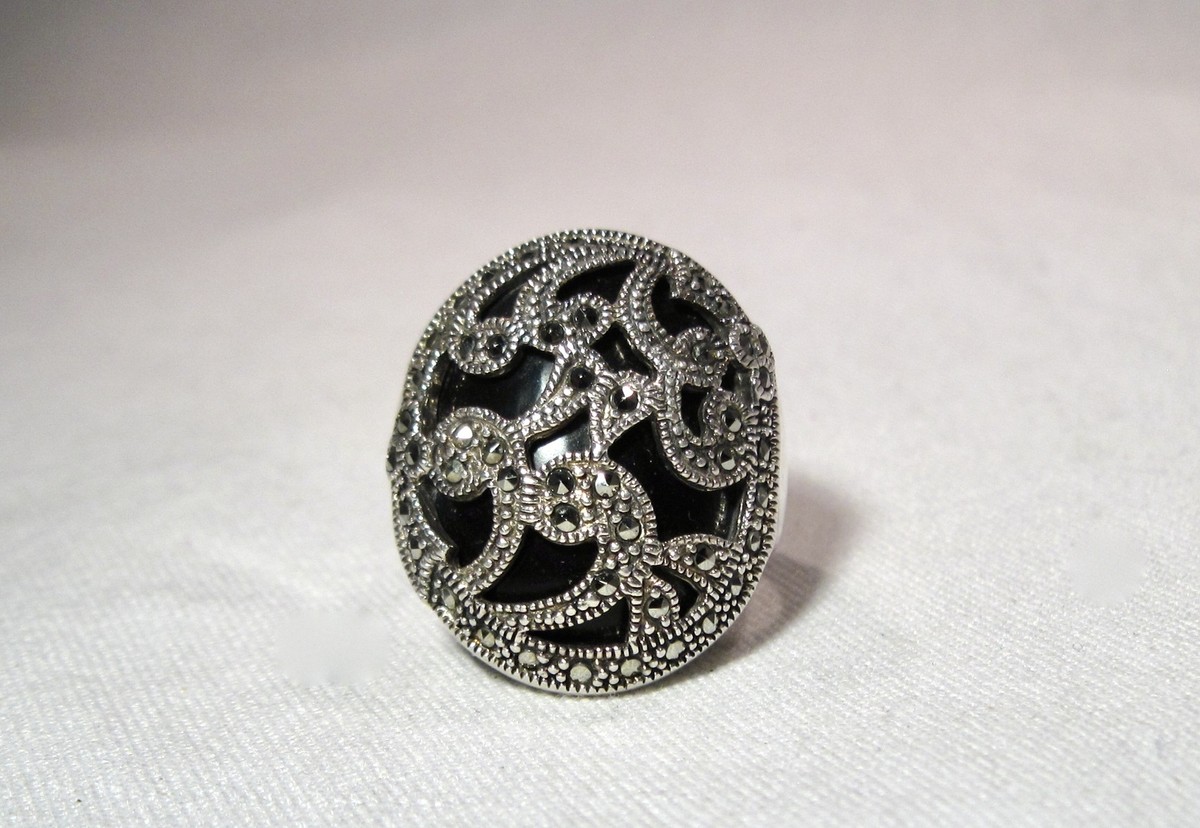 Vintage Sterling Silver Black Onyx Marcasite Signed NF Ring Vintage Sterling Silver Black Onyx Marcasite Signed NF Ring