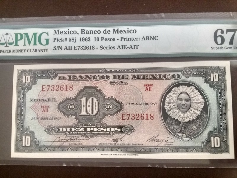 1963, Mexico, 10 Pesos, 67 PMG, EPQ, Superb Gem, High Grade, Unc.