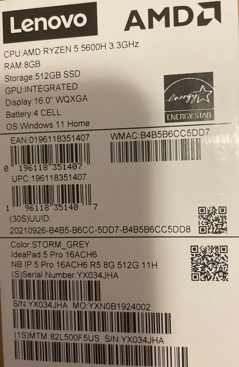 Lenovo IdeaPad 5 Pro 16'' QHD IPS Laptop Ryzen 5 5600H 8GB 512GB AMD Vega 6