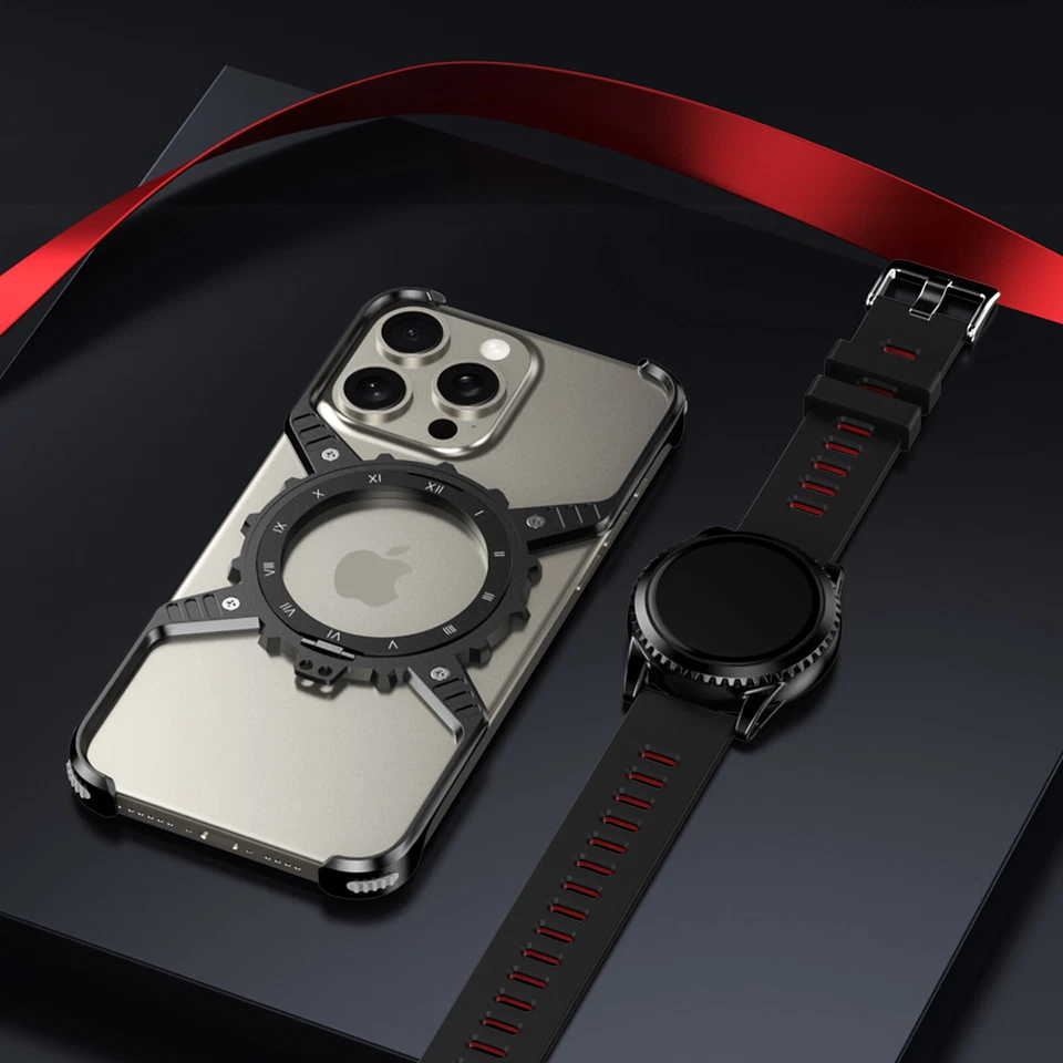 Funda de teléfono de metal luminosa sin marco con soporte para iPhone 17 16 Pro Max 15 14 13 Foto 3 de 4