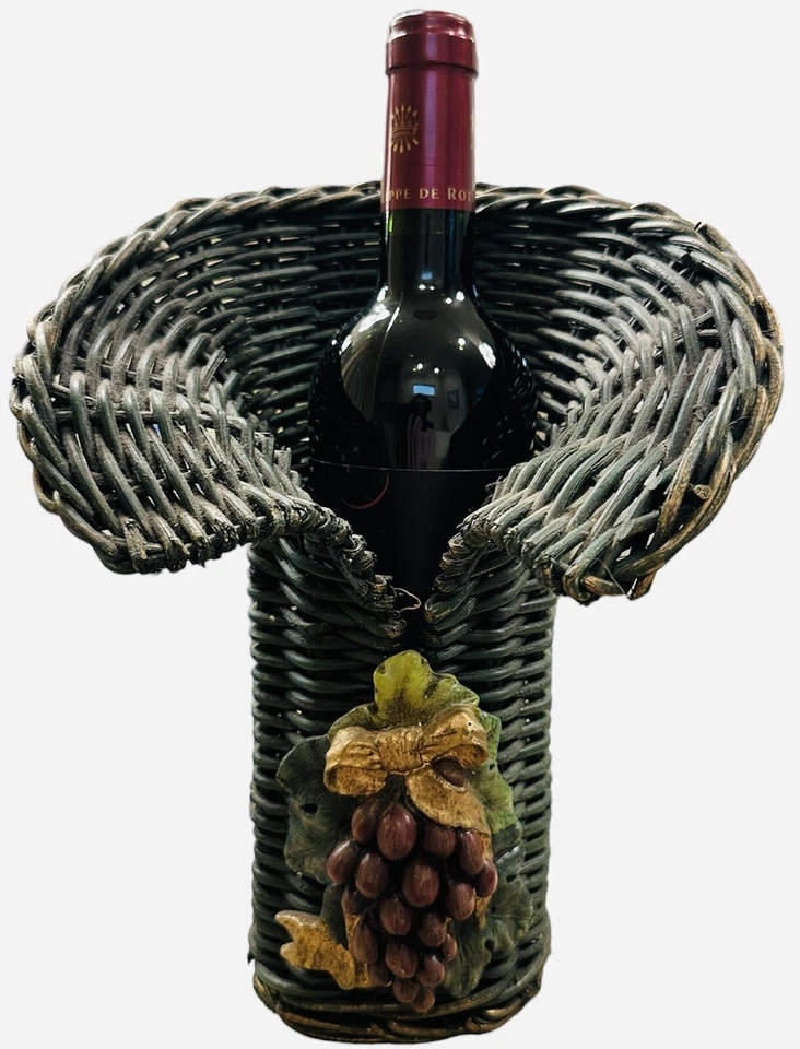 Soporte de vino de mimbre vintage verde carrito cesta uvas Foto 2 de 4