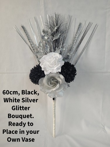 SCHWARZ, WEISS & SILBER BLUMENSTRAUSS, KEINE VASE, HANDGEFERTIGTE KUNSTSEIDE, 60 cm