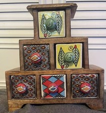Made in India Wooden 6 Drawer Table Storage Ceramic Handpaint Pyramid Fair Trade
