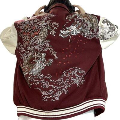 Mens Varsity Jacket Japanese Pattern Embroidery Dragon Tattoo Sakura Sukajan