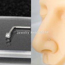 Solid 20G 14kt Gold Diamond L-Shape Nose Stud, L-Bend Stud Prong Set Genuine Dia
