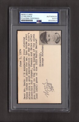 Stan Hack Signed Autographed 3x5 Index Card PSA DNA COA Cubs Legend