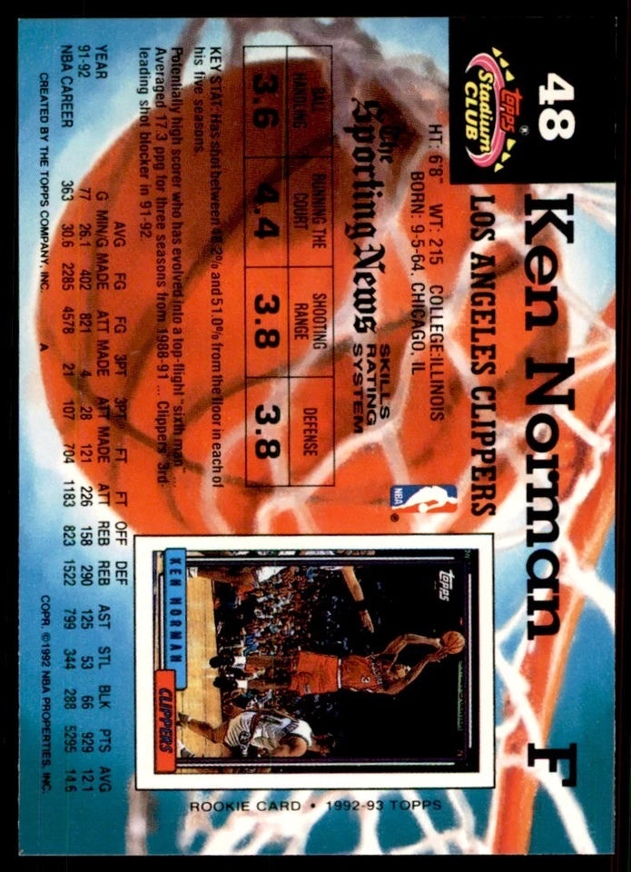 1992-93 Stadium Club Ken Norman Los Angeles Clippers #48 - Image 2 of 2