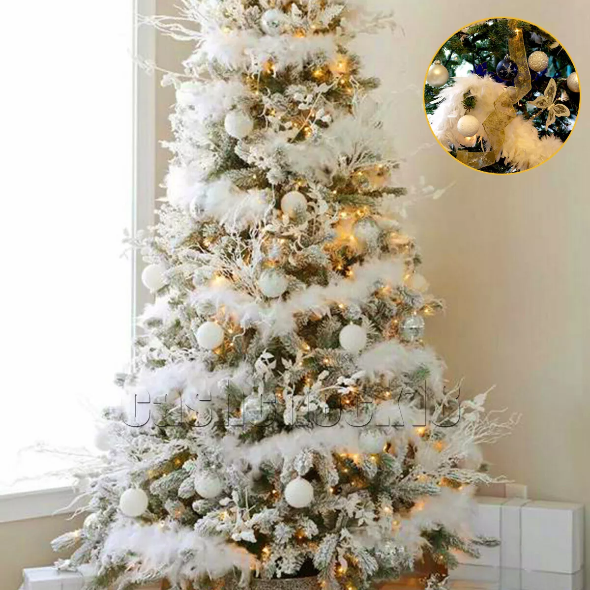 Christmas tree with white cheap ribbon