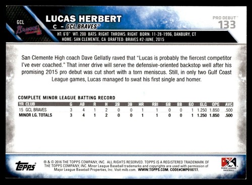 2016 Topps Pro Debut Baseball Card Lucas Herbert GCL Braves #133 Signed - Picture 2 of 2