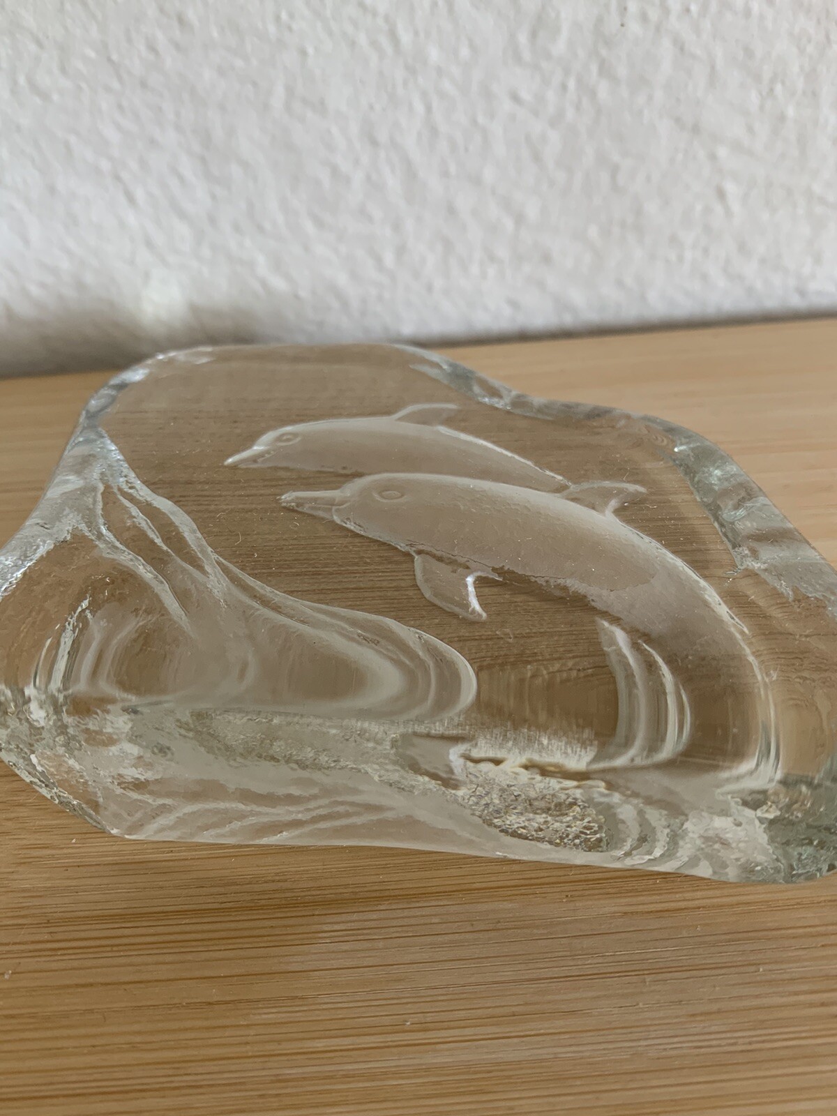 Greenbrier International Art Glass Clear Swimming Dolphins Etched Paperweight...