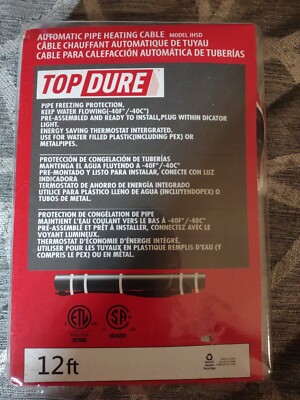 Top Dure Automatic Pipe Heating Cable JHSD 12 ft Black. Thermostat Integrated