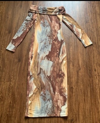 brown tie dye dress long sleeve Tie Dye Bell Sleeve Asymmetric Midi Dress main image 0