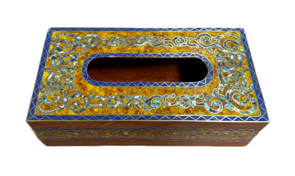Caja de pañuelos de lujo, caja de pañuelos de madera hecha a mano, nácar e incrustación de piedras preciosas Foto 2 de 4