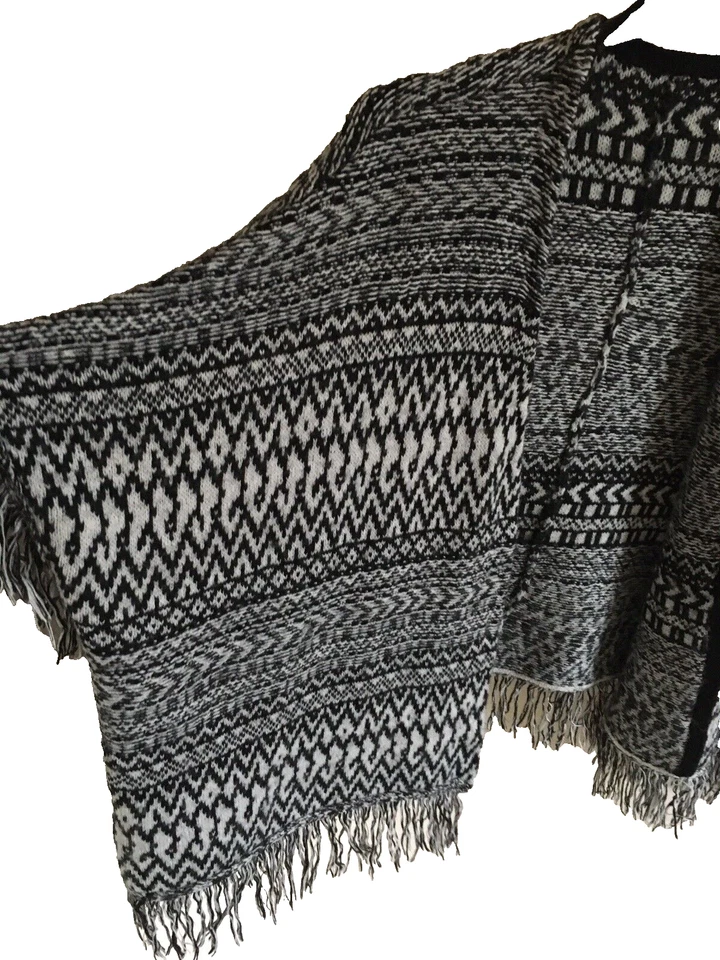 Dorothy Perkins Soft Wool Blend Black & White Open Cardigan  with Fringe - UK 12 - Image 4 of 4