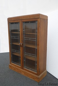 Antique-French-Country-Oak-Display-Cabinet-Bookcase-w-Stained-Glass-Art-Deco