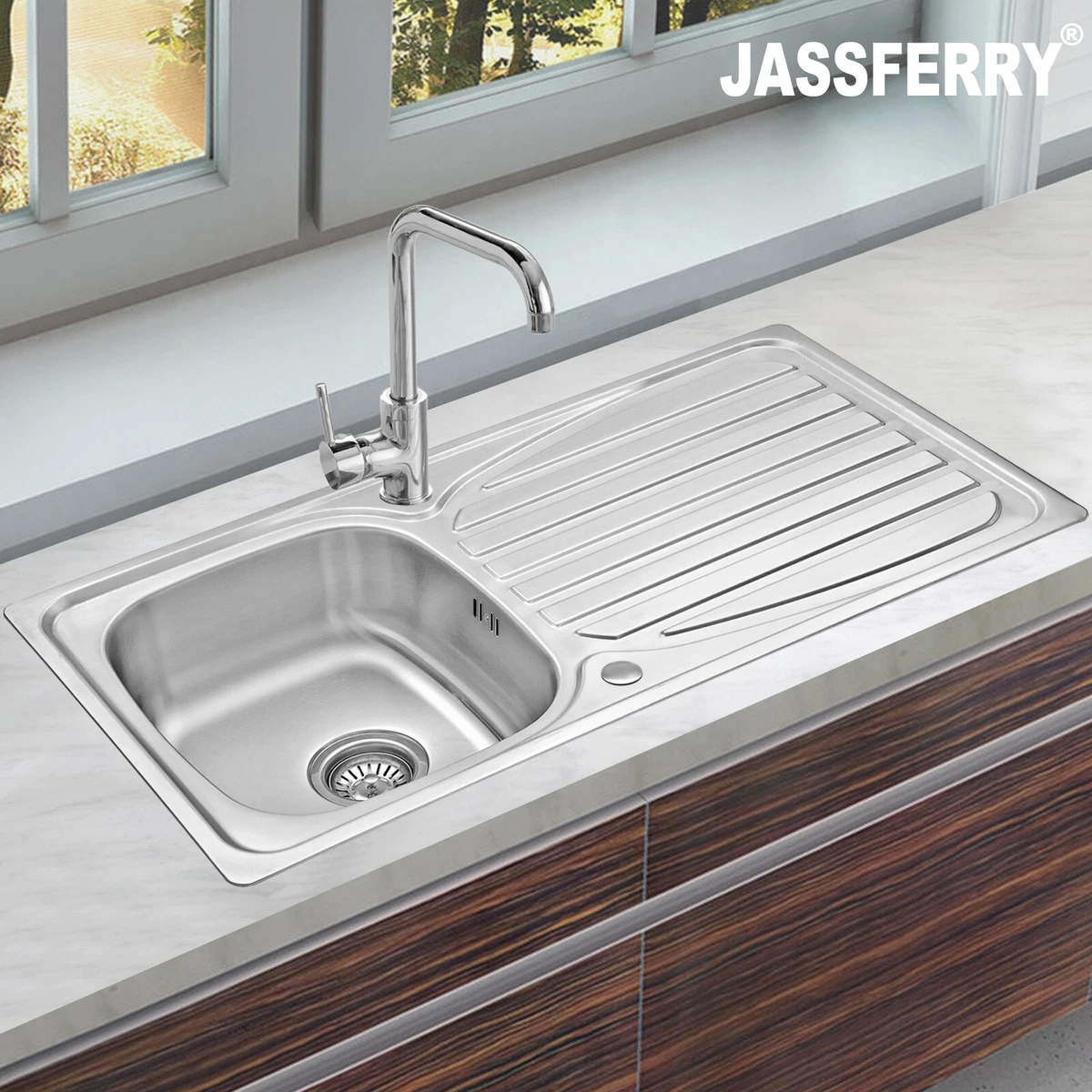 JASSFERRY Stainless Steel Kitchen Sink Reversible Drainer Single Bowl Pipes