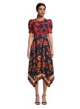 Vince Camuto Hankerchief Hem Smocked Midi Dress Floral Size 2