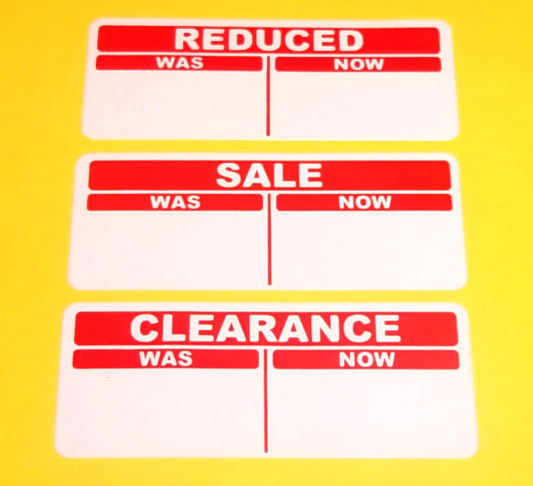 PRICESTICKERS SALE REDUCED CLEARANCE Price Point Was - Now Stickers, Sticky Labels, Swing Tags