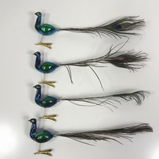 Vtg Kurt Adler Clip On Glass Peacock Christmas Ornaments Real Feathers Box of 4