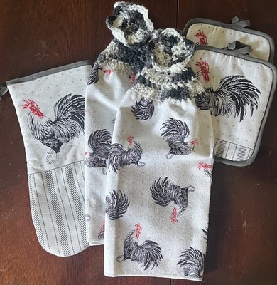 Crochet Buttonless Chicken, Rooster kitchen towel set
