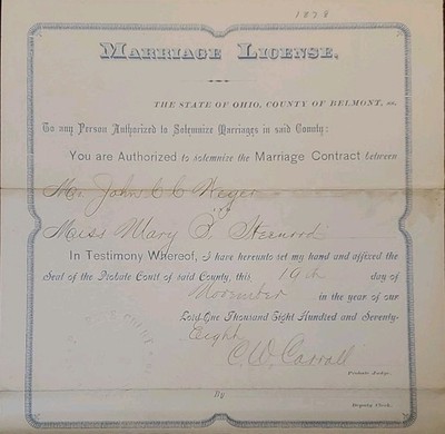 Antique 1878 Marriage License Certificate County of Belmont Ohio Embossed Seal