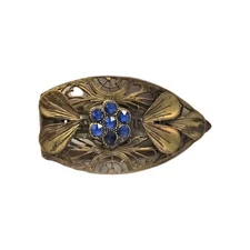Antique Gold Tone Blue Rhinestone Filigree Leaf Dress Scarf Clip
