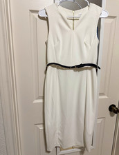 Calvin Klein White Solid V-Neck Sleeveless Sheath Knee Dress Zipper 2