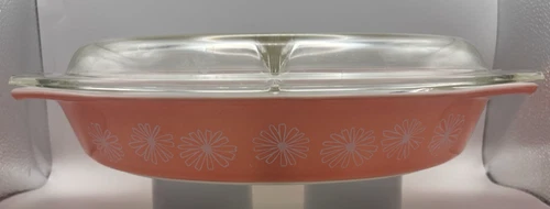 Vintage MCM Pyrex Pink Daisy Divided Casserole Dish w/ Lid 945C