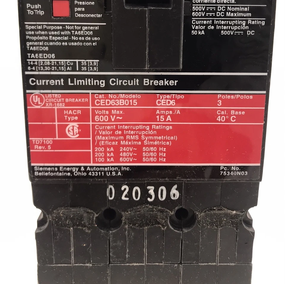 HOUSTON STOCK NEW SIEMENS CED63B015L TYPE CED 15 AMP 600V FREE 2 DAY AIR BUY NOW - Image 4 of 4