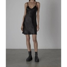 ENZA COSTA Satin Bias Mini Slip Dress Womens Medium Black Viscose Strappy Tank