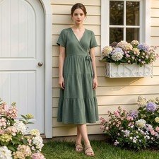 Universal Thread Sage Green Midi Wrap Dress W/Short Puff Sleeves Tie Waist S EUC
