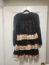 Lorenzo Romanza Black and Cream Ruffled Dress. NWT. lagenlook BohoChic Size 36