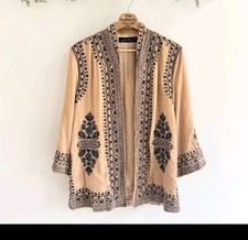 Zara Woman Embroidered Kimono Jacket Beige Black Boho Style Size XS Excellent