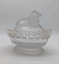 Vintage Imperial Glass Lion Satin Frosted Covered Candy Dish Lattice Edge