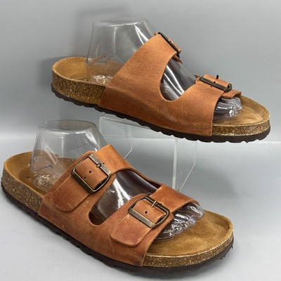 Autenti Slide Sandals 44/ 10.5 mens Brown Leather Sock Double Buckle Slip On