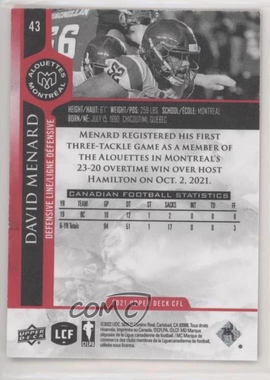 2021 Upper Deck CFL Red /165 David Menard #43 - Image 2 of 2