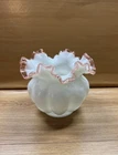 FENTON Rosecrest White With Pink Edge VASE 6" Wide BY 5 1/2” Tall READ