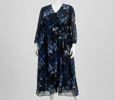 Signature by Robbie Bee Women's Blue Floral V-Neck Self-Tie Dress Plus Size 18W