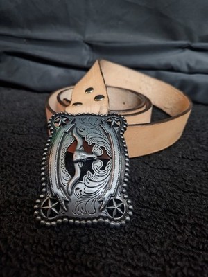 Men's Tan Western Belt Silver Bull/Steer Head Buckle Adjustable Size 38