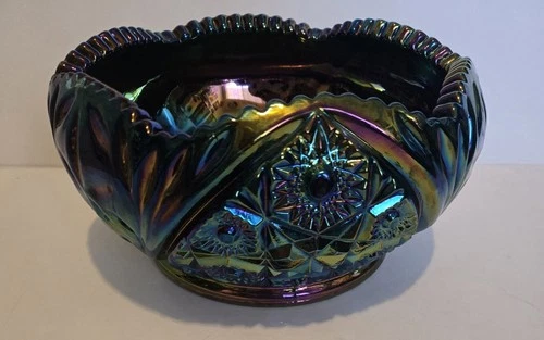 Vintage LE Smith carnival glass bowl, Hobstar iridescent, 7" heavy glass bowl