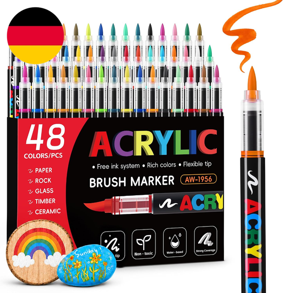 Tongfushop 48 Farben Acrylstifte Set, Pinselspitze Acrylmarker Mit Automatischer-image