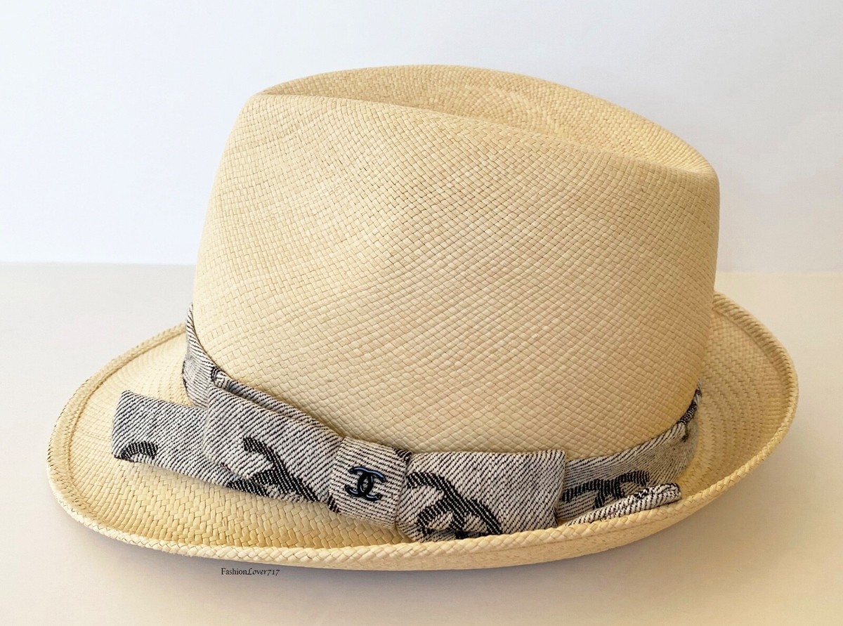 NEW CHANEL 2022 22S BEIGE RAFFIA STRAW FEDORA CC LOGO HAT CAP S | eBay