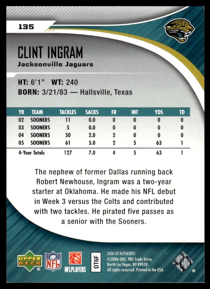 2006 SP Authentic Clint Ingram Rookie /1399 Jacksonville Jaguars #135 R73 - Image 2 of 2