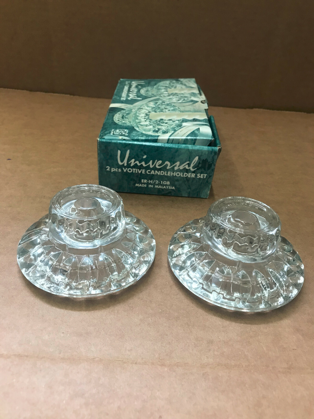 UNIVERSAL 3 in 1 Candle Holder 2-Piece Cut Clear Glass CANDLE HOLDER SET-Boxed