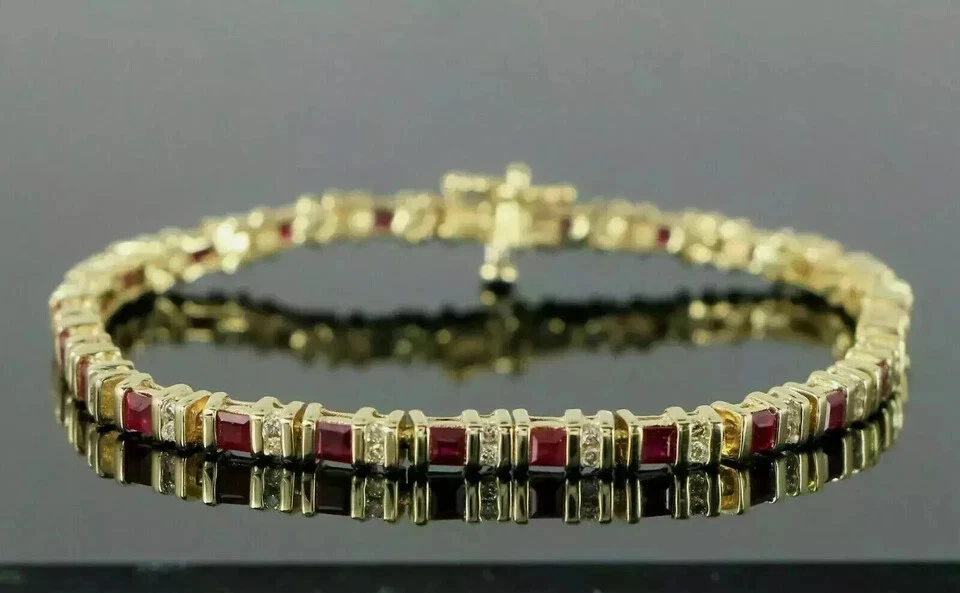 7CT Princess Cut Lab Created Ruby Men's Tennis Bracelet 14K Yellow Gold Finish - Image 2 of 4