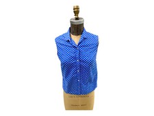60s Vintage Ladies Sleeveless Blue White Polka Dot Majestic Shirt 14-34