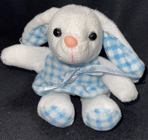 Small BUNNY RABBIT 7" Plush Blue Gingham Dress Ears and feet Vintage - Picture 1 of 6